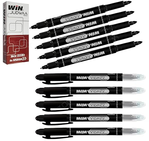 DUAL TIP Permanent Markers, BLACK, Medium Tip and Extra Fine Tip, Pack of 10, Twin Tip Markers for Plastic Ceramic Glass Paper Card Wood, iZOFAX Black Ball Pen