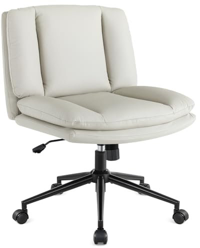 IWMH Bürostuhl ohne Armlehne, Drehstuhl mit Rollen, Breiter Schreibtischstuhl Leder mit Dicker Polsterung für Haus,Büro Schlafzimmer, Grau Weiß
