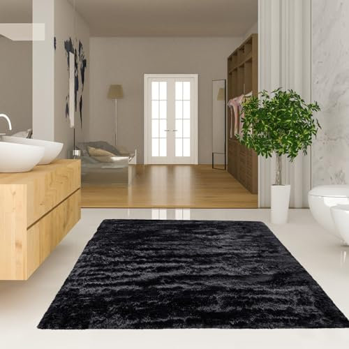 NINGBAI Waschbarer Teppich Wohnzimmer 140 x 160 cm Teppiche für Wohnzimmer, Wolle Bettvorleger Sofa Matte Langflor Weich Soft Modernes Einfarbiges für Schlafzimmer Kinderzimmer, Schwarz