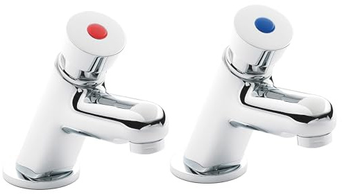 Balterley Bathroom Sink Taps, Basin Mixer Tap with 2 Hole, Push Button Temperature Control Bathroom Tap, Round Angled Body, Rounded Spout Mixer Taps - 48 x 136 x 121mm (Chrome)