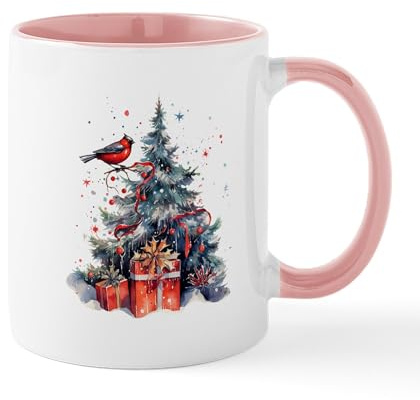 CafePress Christmas Tree And Red Robin Watercolors Mugs 11 oz (325 ml) Ceramic Coffee Mug