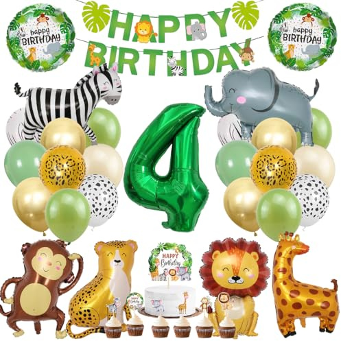 Dschungel Deko 4 Geburtstag, Dschungel Geburtstagsdeko 4 Jahr, Safari Tiere Folienballon 4, 41 Stück Waldtiere Luftballon Dekoration, Waldtiere Grüner Luftballon für Mädchen Junge Kinder