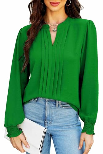 Teesho Damenblusen Elegant V-Ausschnitt Casual Langarm Oberteile Plissee vorne Arbeit Shirts Tunika Hemd Tops (Intensives Grün/M)
