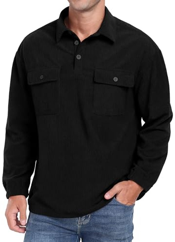 Hisir Magliette da Uomo Felpe con Cappuccio UK Magliette da Uomo con Collo a Polo Invernali in Cordura a Maniche Lunghe per Uomo, Nero , XL