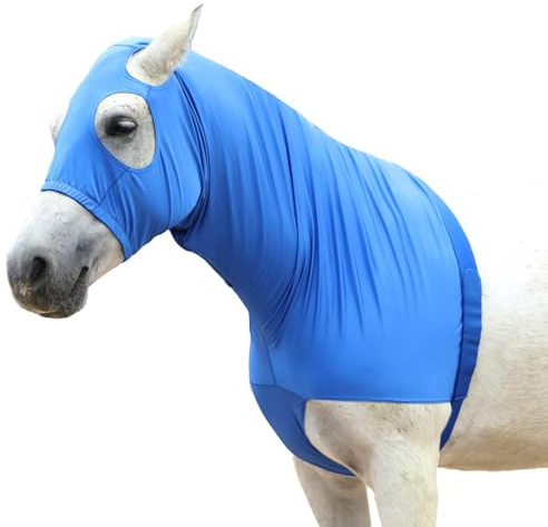 Cappa da cavallo in tessuto Lycra elasticizzato con cerniera rinforzata e chiusura in velcro regolabile, cappuccio testa di cavallo con copertura integrale per collo blu XL