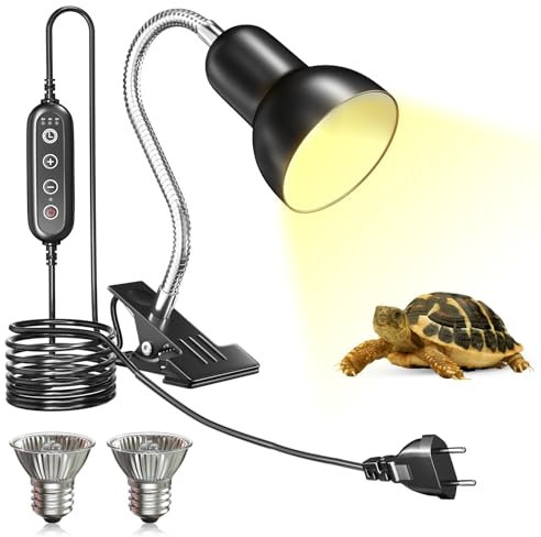 HeatingLux Wärmelampe Schildkröte, E27 Terrarium Wärmelampe mit Timerfunktion und Temperaturregelung, mit zwei 100 W E27 UVA UVB Wärmelampe mit Clip für Schildkröten