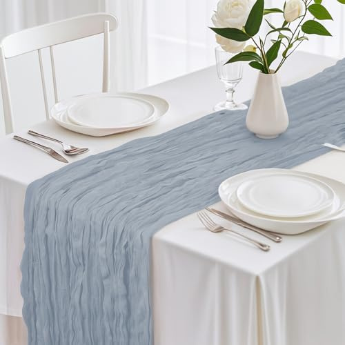Chemin de table en étamine 90 x 400 cm, style bohème rustique et romantique - Décoration de table pour mariage, fête prénuptiale (bleu)