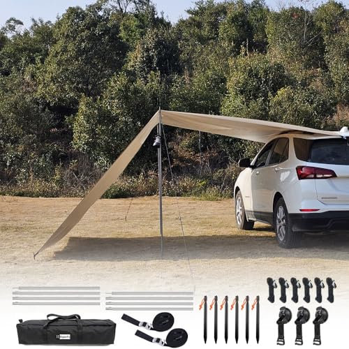 HipierFx Car Awning with Pole 3m x 5m SUV Sun Shelter Outdoor Camping Tarp Waterproof Canopy Shade Hammock Tarp