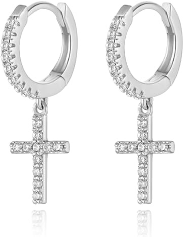 925 Sterling Silber Creolen Ohrringe mit Kreuz Anhänger, Damen Funkelnde CZ Tropfen Ohrringe Hypoallergen 18K Vergoldet Kleine Schlafen Knorpel Ohrringe Schmuck Geschenk
