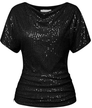 Maglia Donna Elegante Paillette Taglie Forti Scollo a V Elegante Camicia Brillantini Capodanno Con Lustrini Magliette Glitter Cocktail Manica Corta Tops Cerimonia Curvy Per Feste E Serate T Shirt 2025