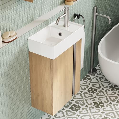 BRIDGE BENO Meuble De Salle De Bain 40 cm avec Lavabo – Petit Meuble Vasque avec Rangement pour WC Invités, Gain De Place, Golden Sand