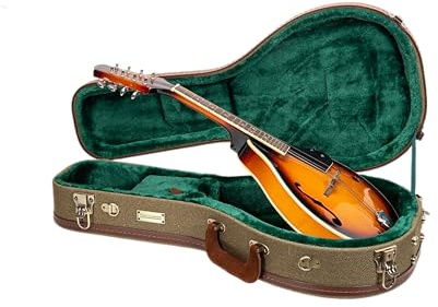 Crossrock Master Series A-Style Mandolin Case | Olive Green Tweed Exterior, Re-Engineered Wooden Shell, Leather Handle, Backpack Straps & Forest Green Velvet Interior