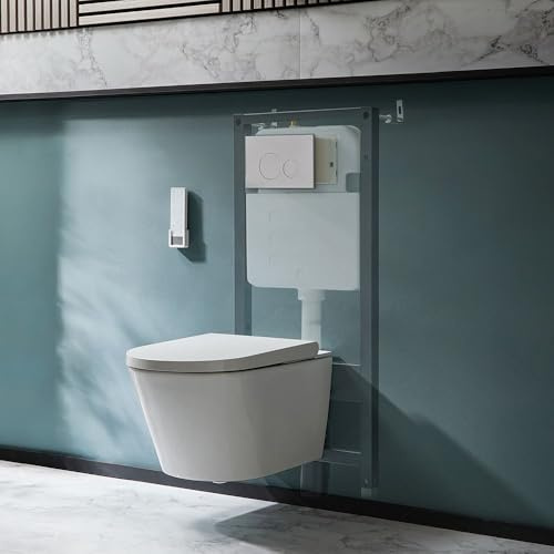 Milano Luxus White Wall Hung Japanese Bidet Toilet Tall Frame Cistern - White Round Plate