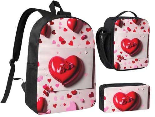 YQxwJL Mochila de 3 piezas con estampado del día de San Valentín con lonchera y estuche para lápices, para viajes, trabajo, camping, unisex, Negro -, Talla única