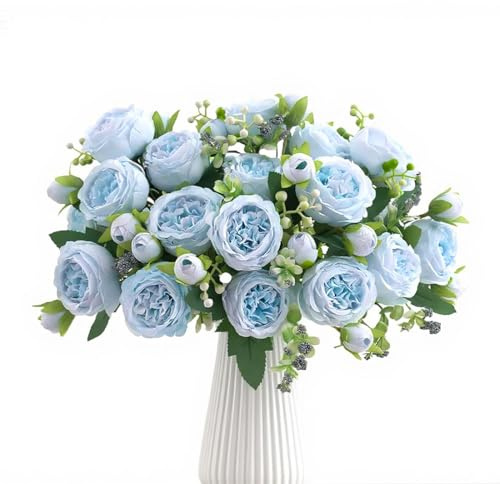 AUMAYCO 4 Bunches Peony Artificial Flowers, Blue Faux Peonies Flower Bouquet Decoration, Silk Flowers Bride Bouquet Fake Roses Flower Arrangement for Home Wedding Vase Party Centrepiece (Blue)