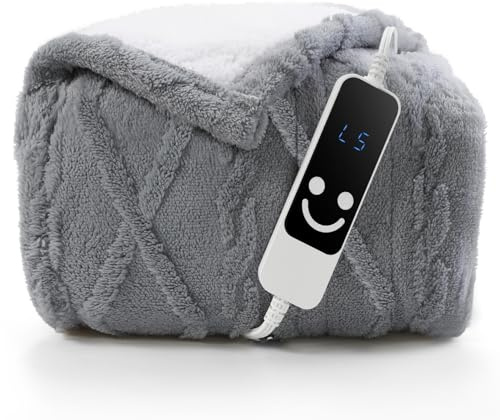 Hapiclody Heated Throw Blanket 127x152cm, Electric Blanket Throw with 5 Heating Levels & 12 Hours Auto Off,Flannel to Sherpa Super Cozy Heated Blankets for Bedding Sofa Machine Washable,Gray