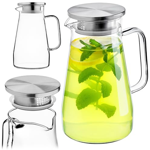 KADAX Caraffa in vetro da 1,5 l, con colino e coperchio in acciaio inox, caraffa in vetro, brocca in vetro per acqua, brocca in vetro borosilicato, caraffa in vetro