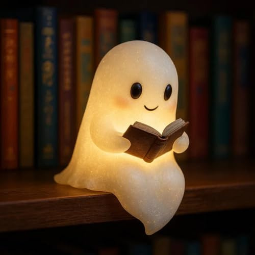 Lampe de lecture fantôme | Lumière de nuit fantôme illuminée | Veilleuse 3D à lumière chaude | Figurine LED fantôme pour amateurs de livres | Décoration d'Halloween mignonne pour chambre et bureau