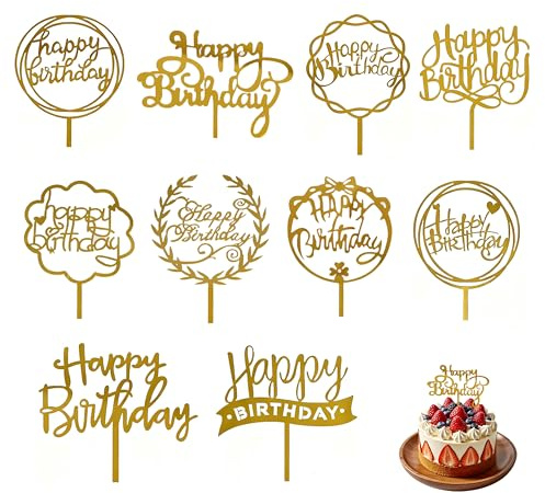 10 PCS Happy Birthday Cake Toppers, Personalized Cake Decoration, Cupcake Topper Gold Cakes Inserts for Adults Children Happy Birthday Sign for Desserts Pastries Theme Party Anniversary Supplies