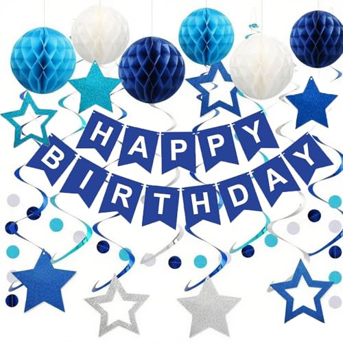 Geburtstagsdeko Blau Happy Birthday Girlande Marineblau für Jungen Mann | Deko Geburtstag, Party Dekorations mit Blaue Wabenbälle Pompons Stern hängende Wirbel Streamer Kreis Punkt Girlande