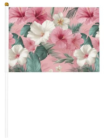 Bandiere piccole con fiori bianchi e rosa con foglie di banano, mini bandiere su bastone per feste, attività di squadra, sfilate, decorazione per vacanze, confezione da 10