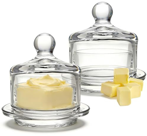 Mantequera de vidrio con tapa, paquete de 2 recipientes de mantequilla pequeños, recipiente transparente de almacenamiento para servir, platos redondos para mantequilla, mermelada, parfait, postre