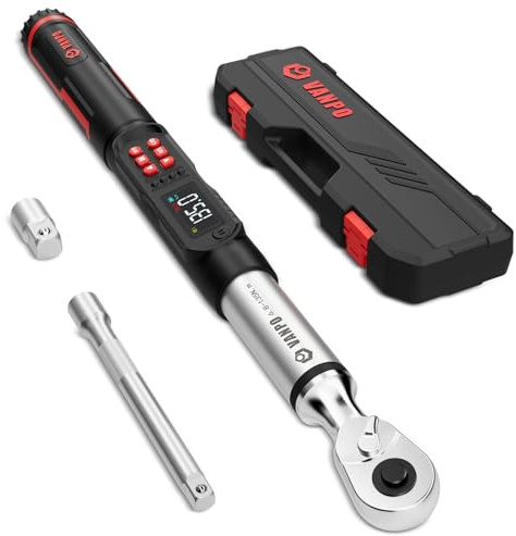 VANPO 3/8-Inch Digital Torque Wrench 6.8-135 Nm for Car & Motorcycle | ±2% Accuracy, Electronic Torque Wrench with LCD Display, Audible & Vibration Alert, Track & Peak Mode, 4 Unit for Car