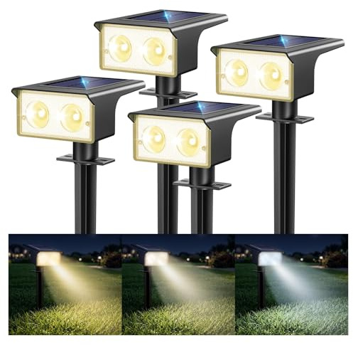 btfarm 4 Stück Solarlampen für Außen, 3000/4500/6000K Solarstrahler Garten | 3 Farben, IP65 Wasserdicht, LED Solar Strahler Gartenleuchten, Solarleuchten für Outdoor Baum Rasen Weg Hof Garage
