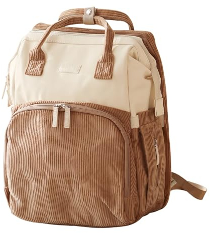 LIINI Sac à dos à langer en velours côtelé marron - 29 l - Avec matelas à langer, supports de poussette, compartiments pour bouteilles isolés, compartiment humide et compartiment pour ordinateur