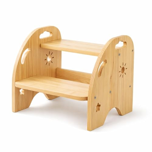 Tritthocker Kinder Holz 2 Stufen - Stabil & rutschfest Mit Griff - 200kg Belastbar Kinderhocker Für Bad Küche - Fußbank Holz Sicher Für Kinder Waschbecken - Lernturm Alternative Ab 3 Jahren