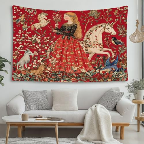 LCHMQ WandbehangMittelalterlicher Millefleurs Wandteppich Modern, Wandteppich Historische Dame & Tiere Design, Wandtuch Polyester Tagesdecke für Bett Sofa 230x180cm