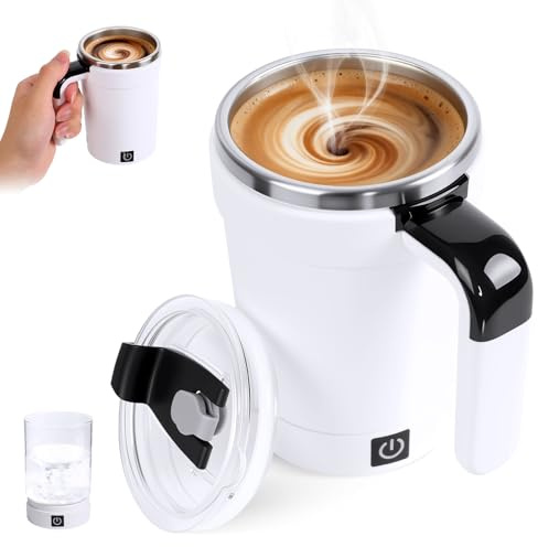Automatic Magnetic Stirring Coffee Mug with Temperature Display,Rechargeable Self Stirring Mug with Lid,Multifunctional Spin Cup Birthday Gift for Coffee Lovers & Office Use (White)