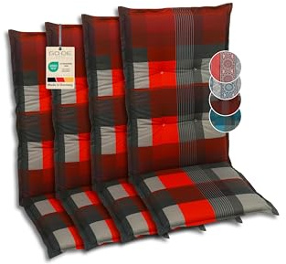 GO-DE Textil Bequeme und attraktive Polsterauflagen für Hochlehner-Gartenstühle (4er-Set, Karo rot, Hochlehner)