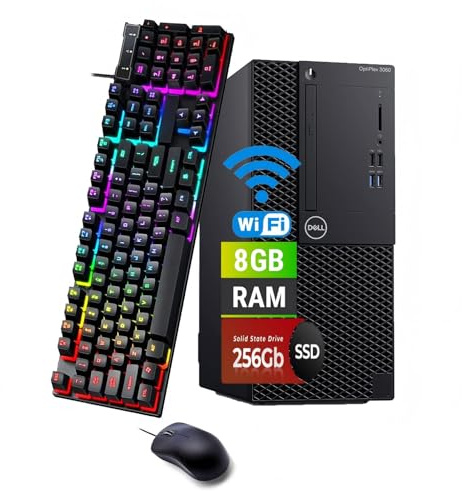 Dell OptiPlex 3060 Mini Tour PC Desktop Computer, Intel Core i5-8500, 8 Go RAM, SSD 256 Go, Bluetooth, Clavier QWERTY, Souris, USB WiFi, Windows 11 Pro (reconditionné)