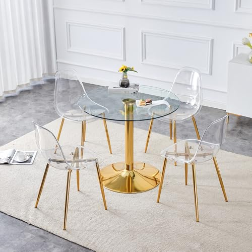 Moderno juego de mesa de comedor de cristal redondo con 4 sillas de comedor de plástico transparente, diámetro de 88 cm, mesa de cocina con estructura de metal negro, juego de comedor para 4 personas