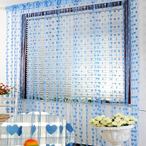 UOOOM Vorhang Fadenvorhang Türvorhang 100x200 cm mit Herz-Muster, Quaste, Fenstervorhang, hellblau