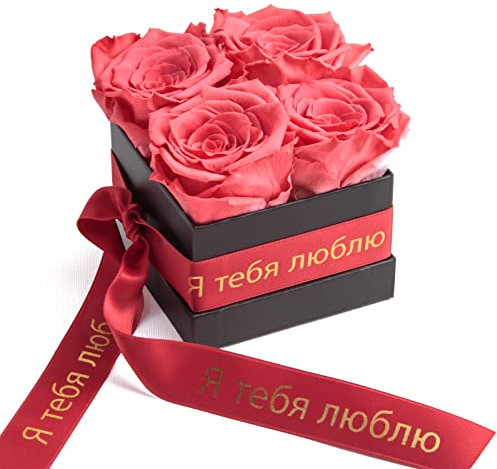 ROSEMARIE SCHULZ Heidelberg Russisch Geschenk Frauen Liebe - Infinity Rosenbox 4 echte Rosen haltbar 3 Jahre 8,5 x 8,5 cm (Я тебя люблю, Koral Rot)