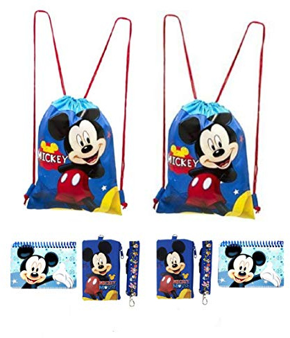 Disney Mickey and Minnie Mouse Drawstring Backpacks Plus Lanyards with Detachable Coin Purse and Autograph Books (Set of 6) (Blue - Blue)