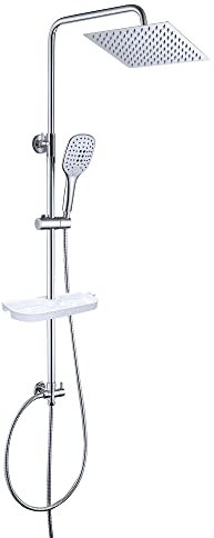 JOHO 304 Columna Ducha en Acero INOX sin Grifo Ducha Para Baños Columna de Hidromasaje Barra Ducha Altura Adjustable Conjunto ducha con Estante Ducha Cabezal Ducha Lluvia Grande 20x20cm