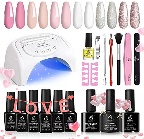 Beetles Gel Nail Polishes Starter Kit, 6 Colors Nail Salon Set with 48W Nail Lamp, Pink Valentines Decorations French White Glitter Pink Nude Gel Nail Polish with Base Top Coat Nail Manucure DIY