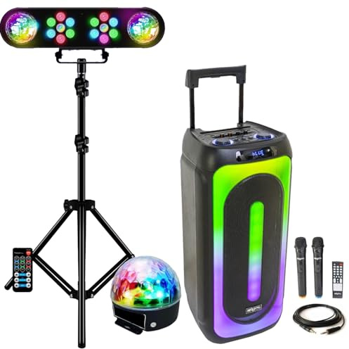 IBIZA Sound Light - Pack Lumière avec portique DJ + 1 Enceinte Sono 1000w MAGIC-SOUND1000 2 micros sans Fil- Bluetooth USB - idéal pour Vos soirées Anniversaires Salle des fête Fiesta