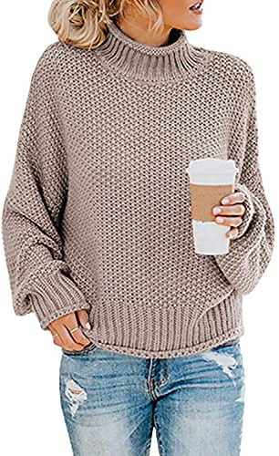 Imuedaen Women's Turtleneck Jumpers Casual Batwing Sweaters Long Sleeve Pullover Loose Chunky Knitted Jumper Tops (A Khaki, S)
