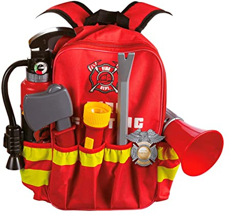 Tachan - Mochila de Bombero con un Kit Completo de 6 Accesorios de Bomberos; Material Resistente, Correas Ajustables, Color Rojo