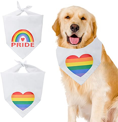 HACRAHO Regenbogen-Hundehalstuch, 2 Stück, Weiß, Regenbogen-Hundehalstuch, Baumwolle, Haustier-Dreieckstuch mit Herz-Regenbogen-Muster für Hunde, Katzen und Stolzmonat