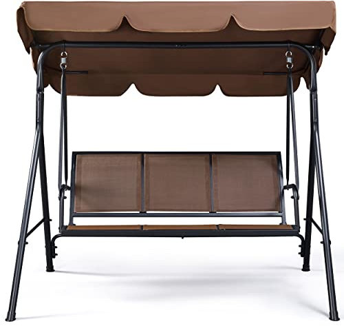 costoffs 3-Seater Outdoor Swing Chair with Canopy & Steel Frame, Dark Brown