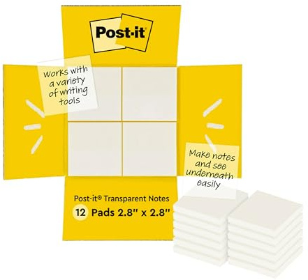 Post-it Transparente Notes, 12 Blöcke (432 Blatt), 73 mm x 73 mm | Transparente Haftnotizen für Bücher, Dokumente und Planer; Einfach Markieren, Sicher Haften, Rückstandsfrei Entfernen