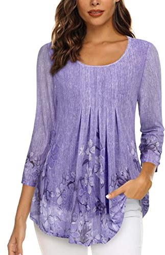 Gaharu Damen Bluse Elegant und Festlich Lang Blumendruck Bluse Doppellagig Bunt Frauen Tunika Bluse 3/4 Arm Blusenshirt Business Wasserfall Oberteil Atmungsaktiv Fließende Faltenbluse Lila Blumen,L
