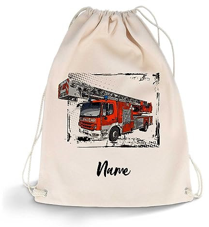 GRAVURZEILE Bedruckter Turnbeutel - Feuerwehr Design & Wunschname - Sportbeutel Rucksack Daypack Gymbag mit Kordelzug - für Schule & Freizeit Sport - für Jungen & Mädchen - 12 Liter 33x45 cm