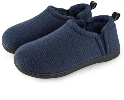 Snug Leaves Chaussons Hommes Laine fuzzy feutre mémoire Chaudes pantoufles antidérapantes Faux Sherpa Pantoufles avec double side gores élastiques Bleu marine,44-45 EU