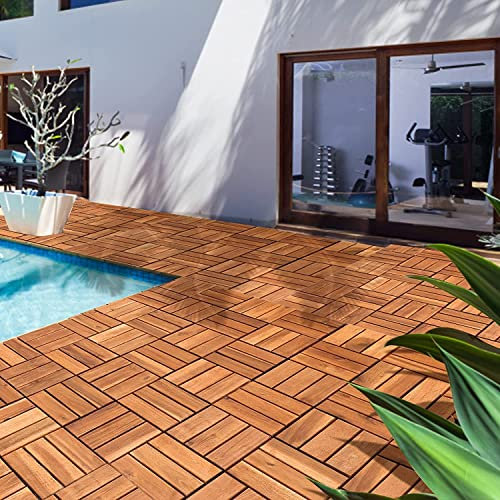 20 Dalles de Terrasse en Bois Clipsable Resistant Aux Forte et Basses Températures 31 X 31 cm Revêtement Extérieur Pour Jardin Balcon Piscine